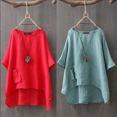 Summer Fashion Plus Size Round Neck Pocket Solid Color Irregular T-shirt Women Blouse