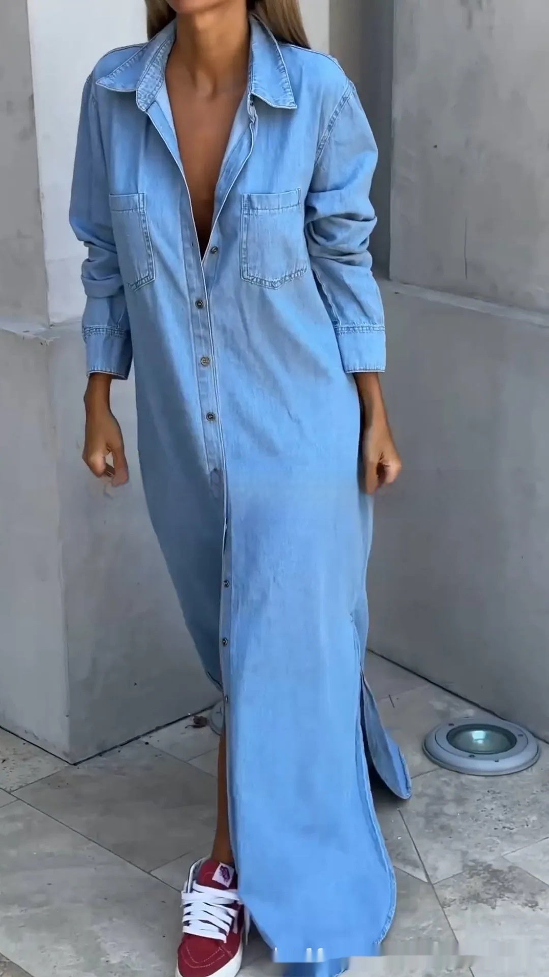 Women's Lapel Cardigan Long Sleeve Denim Long Skirts