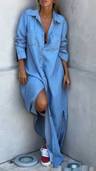 Women's Lapel Cardigan Long Sleeve Denim Long Skirts