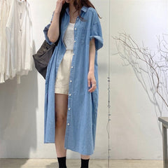 Elegance Retro Slimming Long Denim Short Sleeve Dress For Women Cardigan