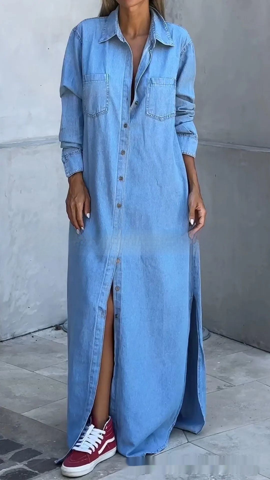 Women's Lapel Cardigan Long Sleeve Denim Long Skirts