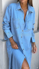 Women's Lapel Cardigan Long Sleeve Denim Long Skirts
