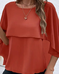 Solid Layered Cloak Sleeve Blouse, Versatile Crew Neck Blouse For Spring & Fall, Women's Clothing