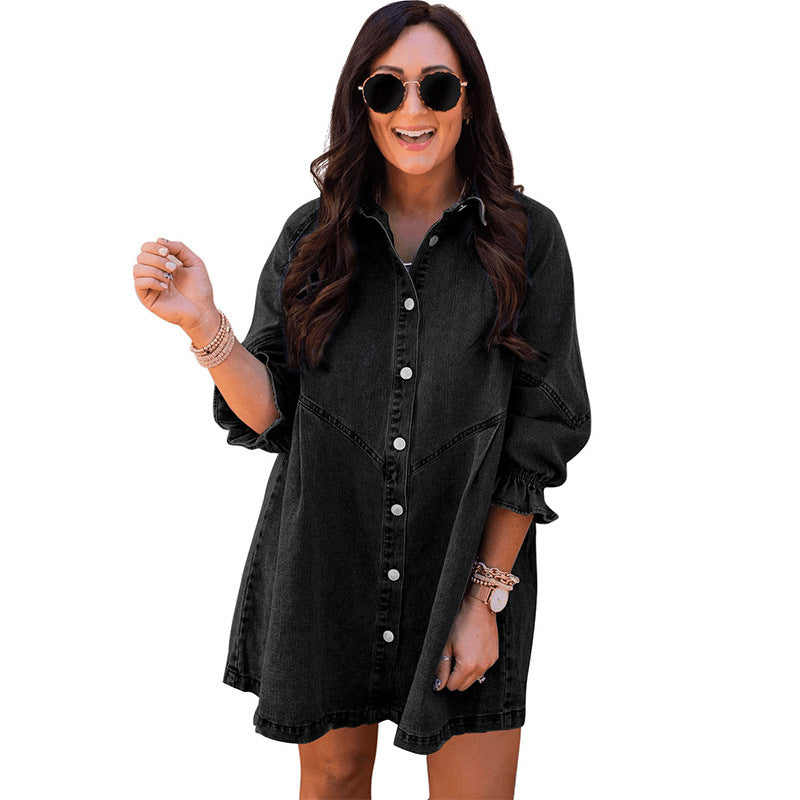 Three-quarter Sleeve Denim Dress Women's Casual Ruffles Cardigan