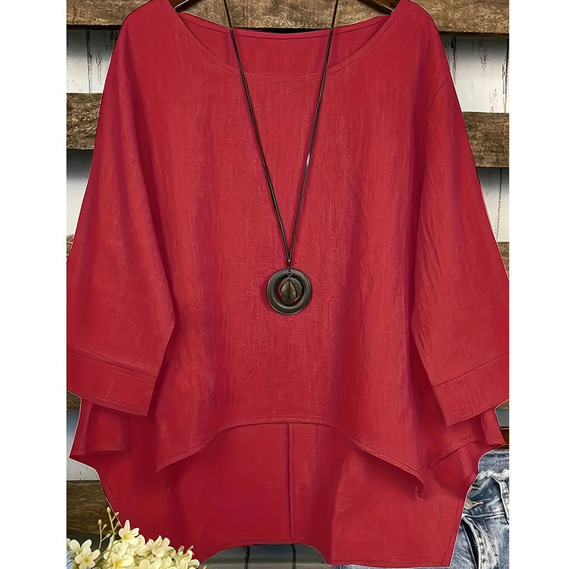 Summer Fashion Plus Size Round Neck Pocket Solid Color Irregular T-shirt Women Blouse